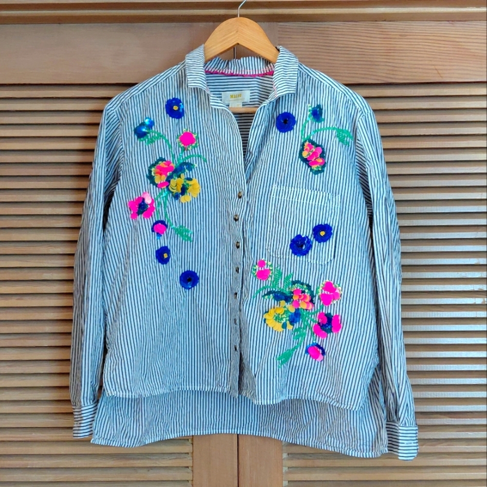 Maeve Embroidered Floral Striped Buttondown Anthropologie Size 4